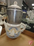 Porcelier coffee pots, vintage pitchers, and casserole dish has crack on bottom