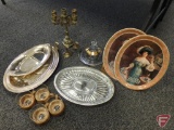 Metal candelabra, covered butter dish, snack tray, and metal pieces