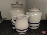 R.R.P. Co. cookie jars and pitcher, all three pcs
