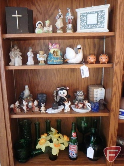 Green glass vases, figurines, couple are Willow Tree, one musical, pigs are salt/pepper.