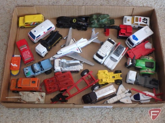 Matchbox, PlayArt, HotWheels, Rough Rider, Ertl die cast cars, planes, trucks. Contents of 3 boxes