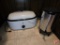 GE roaster oven, wine rack, Brickstone wine opener set, Westbend coffee pot, metal pail