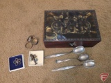 Pewter serving spoons, miniature thimbles, napkin rings (2 non-matching), brooch