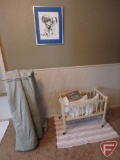 Metal bath towel holder, wood doll crib, small pillows, various sized rugs, metal childs tray