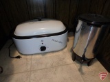 GE roaster oven, wine rack, Brickstone wine opener set, Westbend coffee pot, metal pail