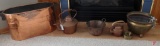 Copper boiler and tea kettles, brass pot