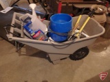 Plastic garden cart, heated pet dishes, sprinkler can, tree trimmer and more