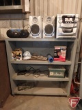 Magnavox 3 CD stereo, oil filters, painting masks, 10amp battery charger, 3 shelf cabinet, more