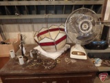 Slag glass lamp shade, needs repair; desk fan, hanging light