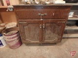 Wood cabinet, approx. 36inWx25inDx39inT with canvas tractor chain bag, wheels and more