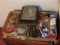 Vintage jewelry box with mirror, pens, pencils, ink bottle, clippers, adult novelty cards