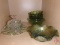 Carnival glass bowl, dutch windmill, covered dish, other glassware in greens