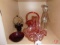Glass handled baskets, red ruby bowl