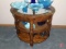 Glass top wood end table with cane shelf, 29
