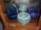 (2) Fenton blue carnival glass dishes and other glass basket