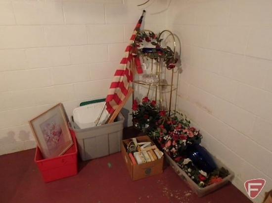 Metal corner shelf, rulers, flag, greeting cards, and artificial flowers