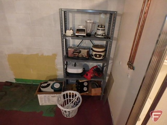 Metal shelf 65"H and contents: Dirt Devil vacuum, kitchen appliances, spice rack, humidifier