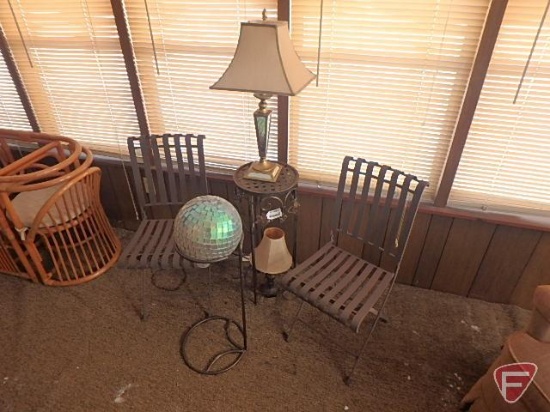Patio set(2) metal garden chairs, table, mirrored gazing ball, and (2) lamps