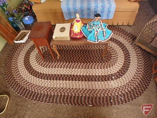 (2) end/coffee tables, (2) dolls and oval braided rug