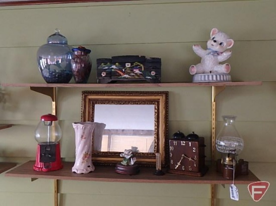 Mirror, kerosene lamp, candy dispenser, jewelry box, clock, covered glass jar, craft marbles,