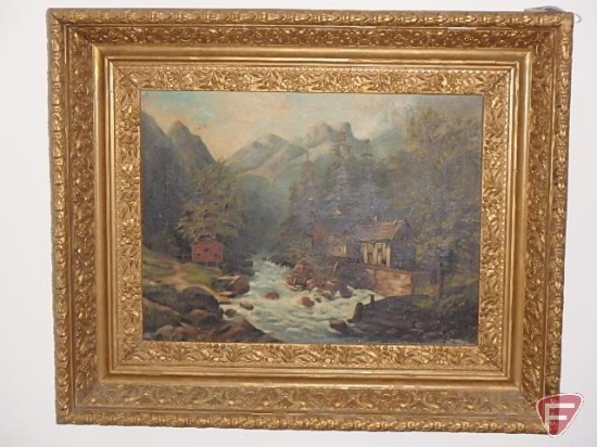 Framed painting stream mill scene