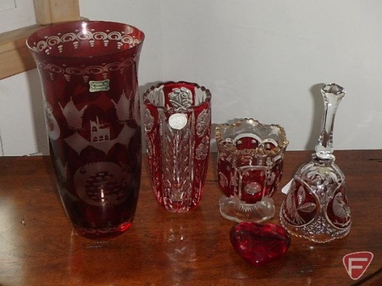 (7) pieces of glassware some Czech glass and crystal bell and vases