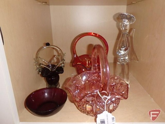 Glass handled baskets, red ruby bowl