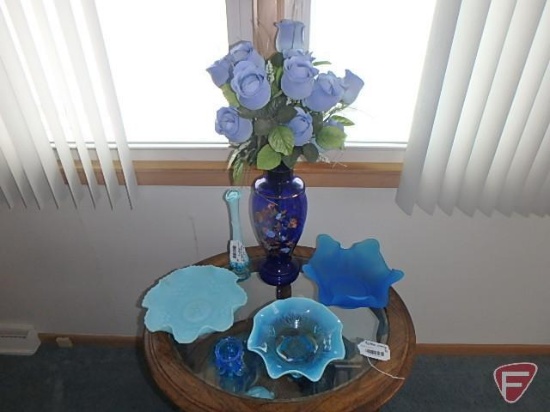 Blue glassware, some Fenton pieces and (2) hanging pieces