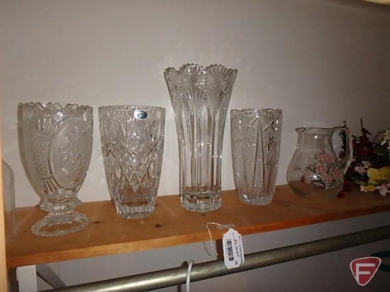Bohemia vases and other glass vases, pitcher, artificial flowers, and glass prisms