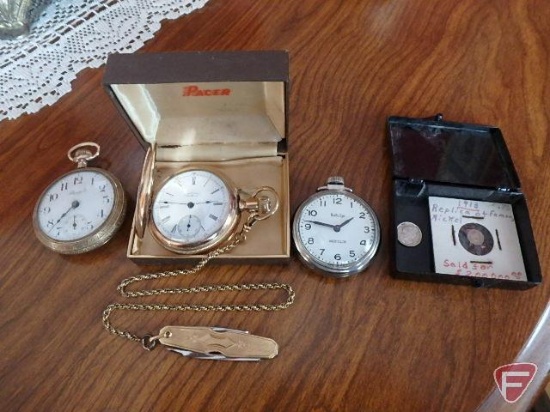(3) men's pocket watches: Westclox Bullseye, Standard, and one with chain and jack knife is Waltham;