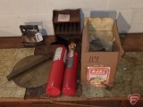 Brass square bar stock, fire extinguishers, electric motor, sad iron
