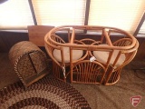 (2) wood chairs, matching table, tv tray table, and wicker shelf- table is missing glass