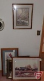 Heirloom clock with asst. pictures and framed mirror