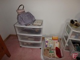 Sterilite 3 drawer plastic organizer, purses, hanky, candles, and stationary tote with lid