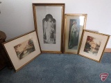 (4) framed vintage pictures: woman and child, (2) water village scene, and religious guardian angel