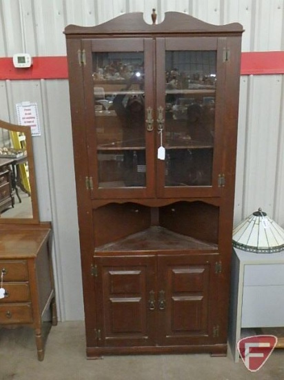Vintage wood corner hutch/storage cabinet, 2 glass doors, 2 wood doors, 84inHx37inWx24inD