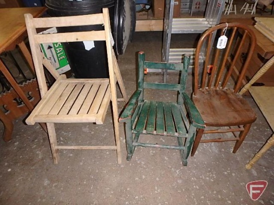 Wood childs chair, wood childs rocking chair, and wood folding chair. All 3 chairs