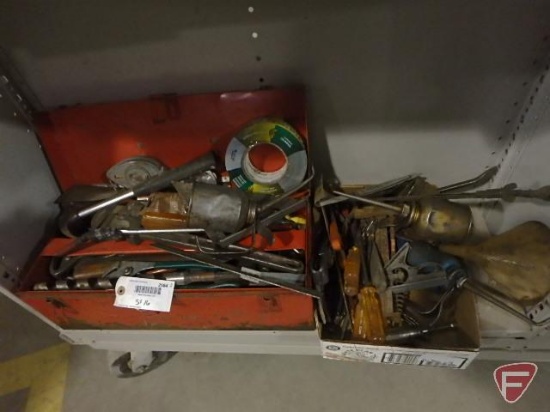 Snap-On Tools metal tool box: oilers, pipe wrench, screw drivers, hammers, crimp tool, duct tape,