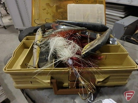 Plano Magnum 1122 tackle box and contents: jigs, fishing lures, muskie lures