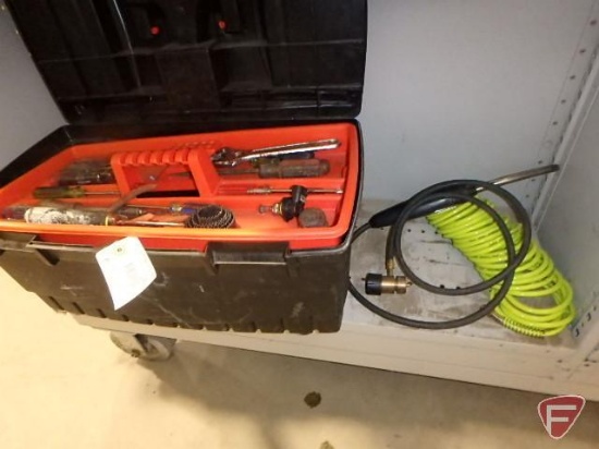 Black & Decker plastic tool box: drivers, adjustable wrench, hole saw bits, coiled air hose, and