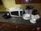 Sunbeam microwave with rotating tray, electric kettle, vases, bowl, matching coffee cups