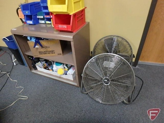 Metal shelf, cleaning supplies, fire extinguisher, (2) floor fans, and plastic organizers