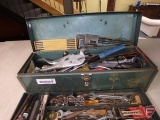 Metal toolbox and contents: adjustable wrenches, combination wrenches, locking pliers, pliers,