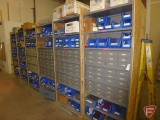 (12) Shelving units and contents: misc. parts and hardware, machine screws, rivets,