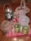 Green glass cracker jar and candle holders, also clear glass candy dishes and basket