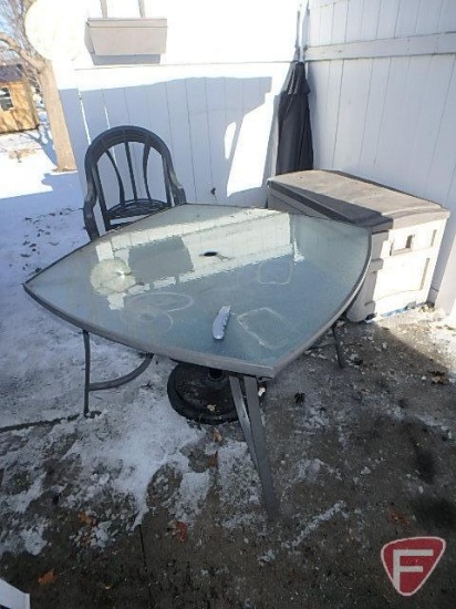Patio table with umbrella, 4 chairs with cushions and deck box