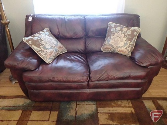 Sofa, brown, overstuffed, like leather material, 70in long