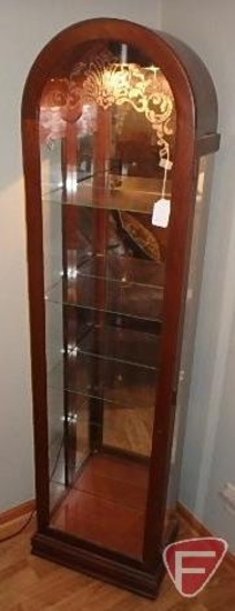 Curio cabinet with glass shelves, mirrored back, glass sides and etched glass sides