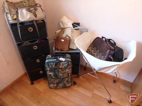 Purses, Hats, small green carry on luggage, organizers and laundry cart