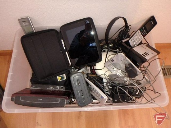 Tote of electronics, Kindle Fire, phones, radios